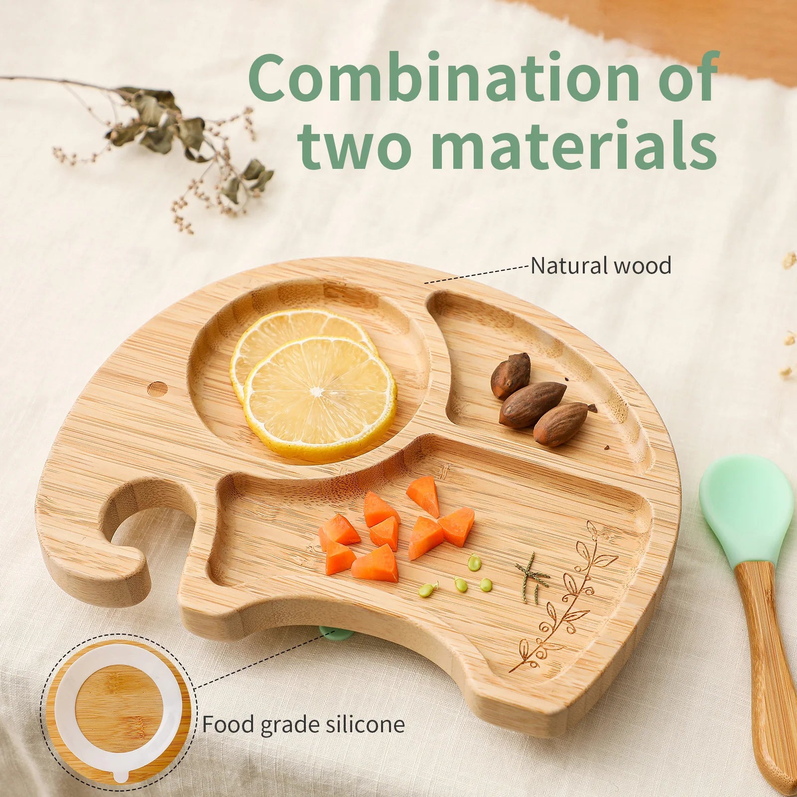 Bamboo Baby Plate with Suction | Divided Feeding Dish BPA Free