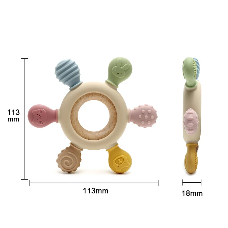 Baby Silicone Wooden Teether | BPA-Free Teething Toy for Infants 0–12M