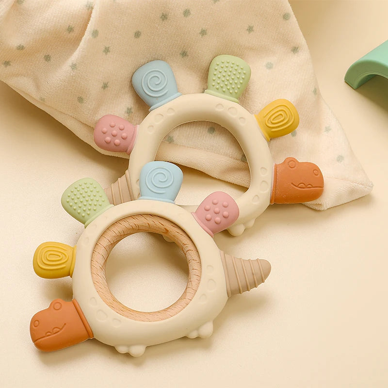 Baby Silicone Wooden Teether | BPA-Free Teething Toy for Infants 0–12M