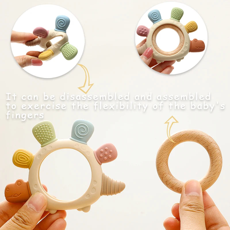 Baby Silicone Wooden Teether | BPA-Free Teething Toy for Infants 0–12M