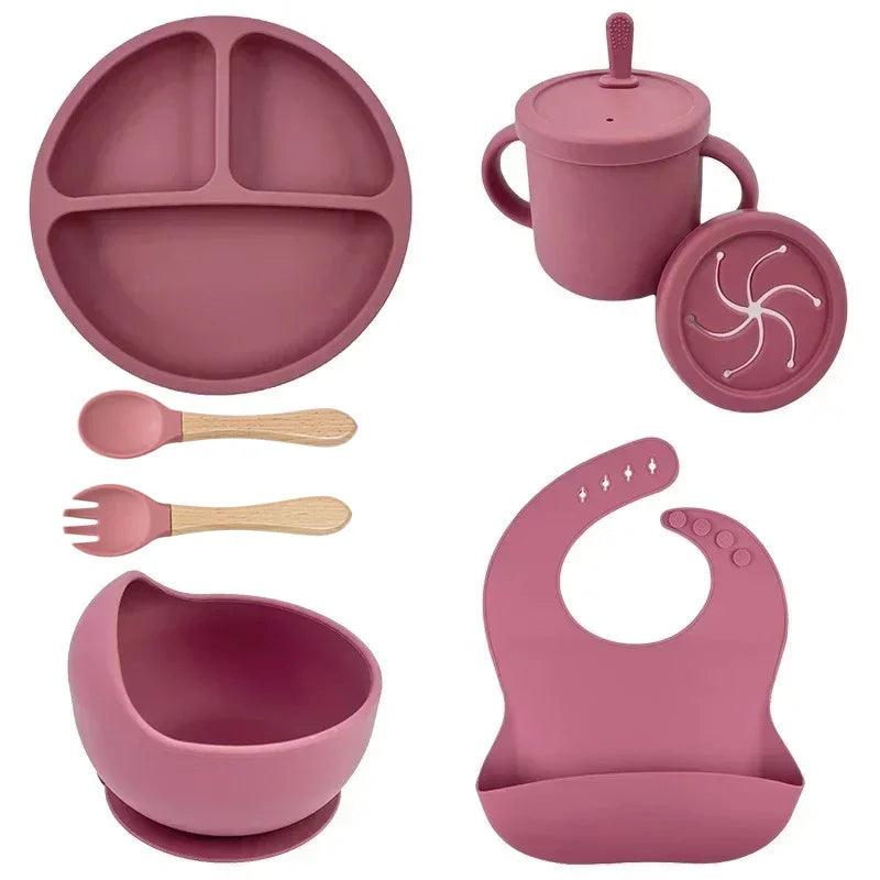 Baby-Fütterungsset, Silikon-Saugnapf, Schüssel, Tasse, Holzlöffel, BPA-frei