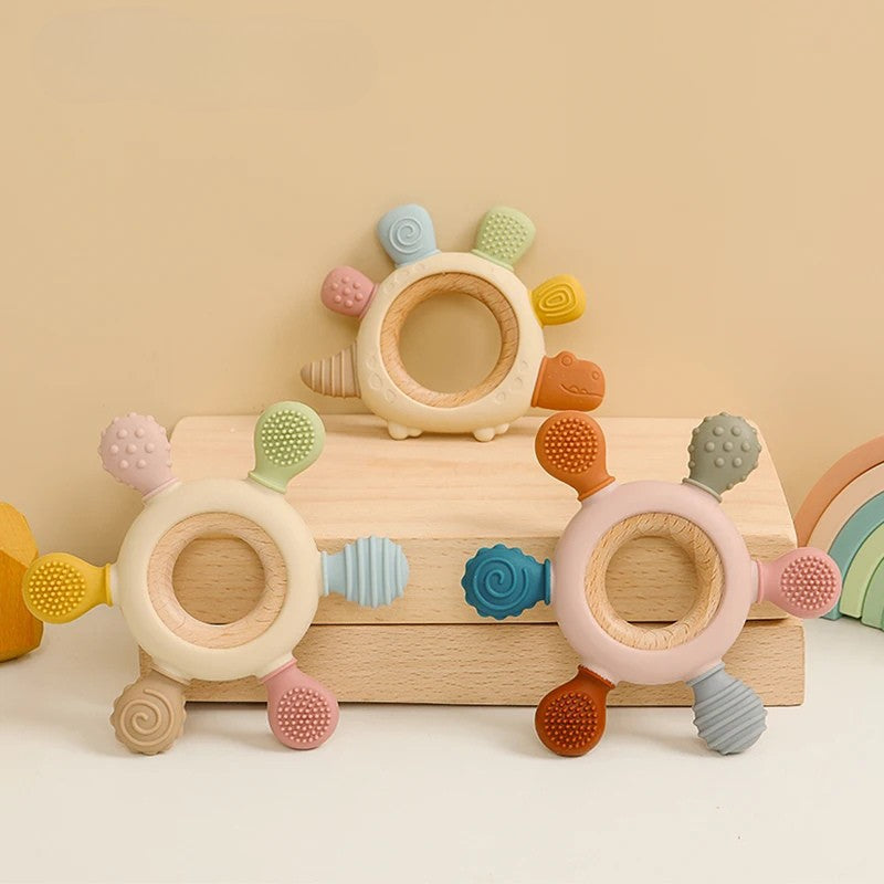 Baby Silicone Wooden Teether | BPA-Free Teething Toy for Infants 0–12M