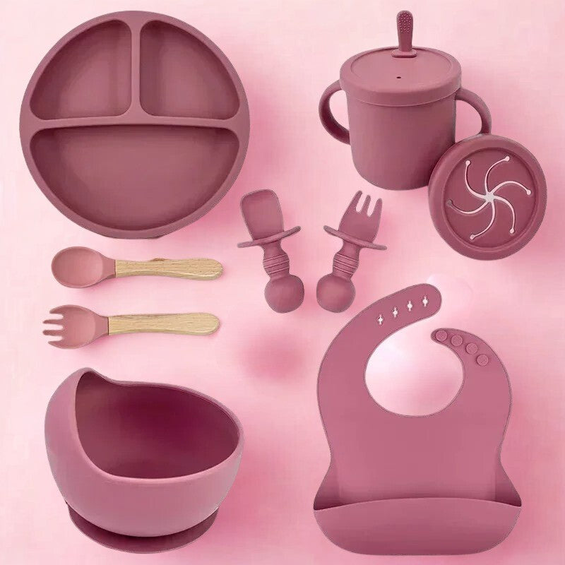 Baby Feeding Set Silicone Suction Plate Bowl Cup Wooden Spoon | BPA Free