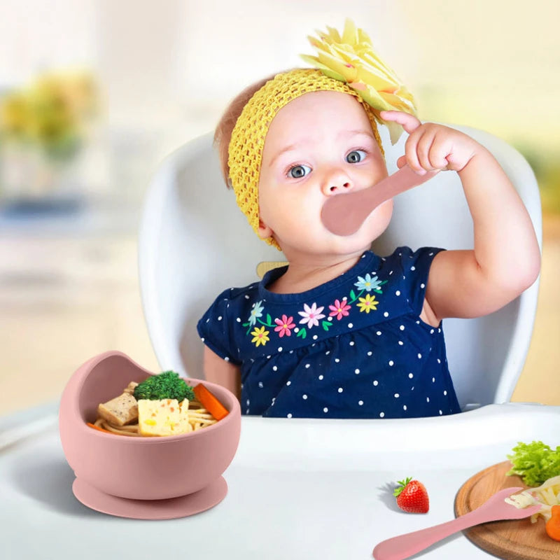 Baby Feeding Set Silicone Suction Plate Bowl Cup Wooden Spoon | BPA Free