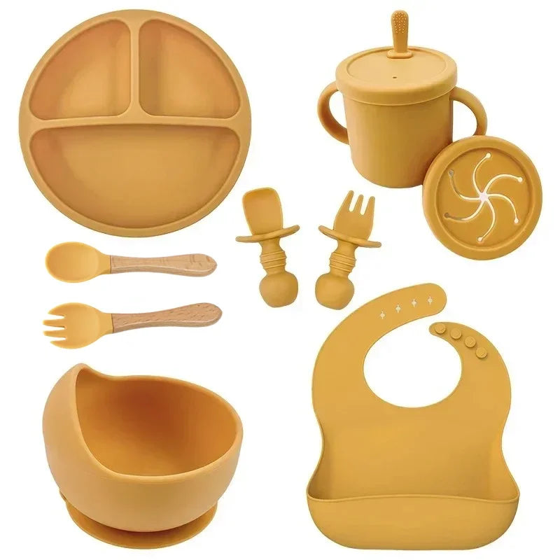 Baby Feeding Set Silicone Suction Plate Bowl Cup Wooden Spoon | BPA Free