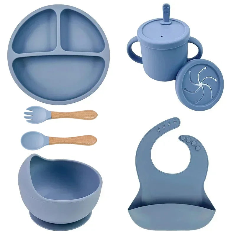 Baby Feeding Set Silicone Suction Plate Bowl Cup Wooden Spoon | BPA Free