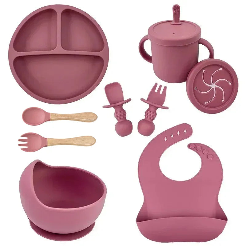 Baby Feeding Set Silicone Suction Plate Bowl Cup Wooden Spoon | BPA Free