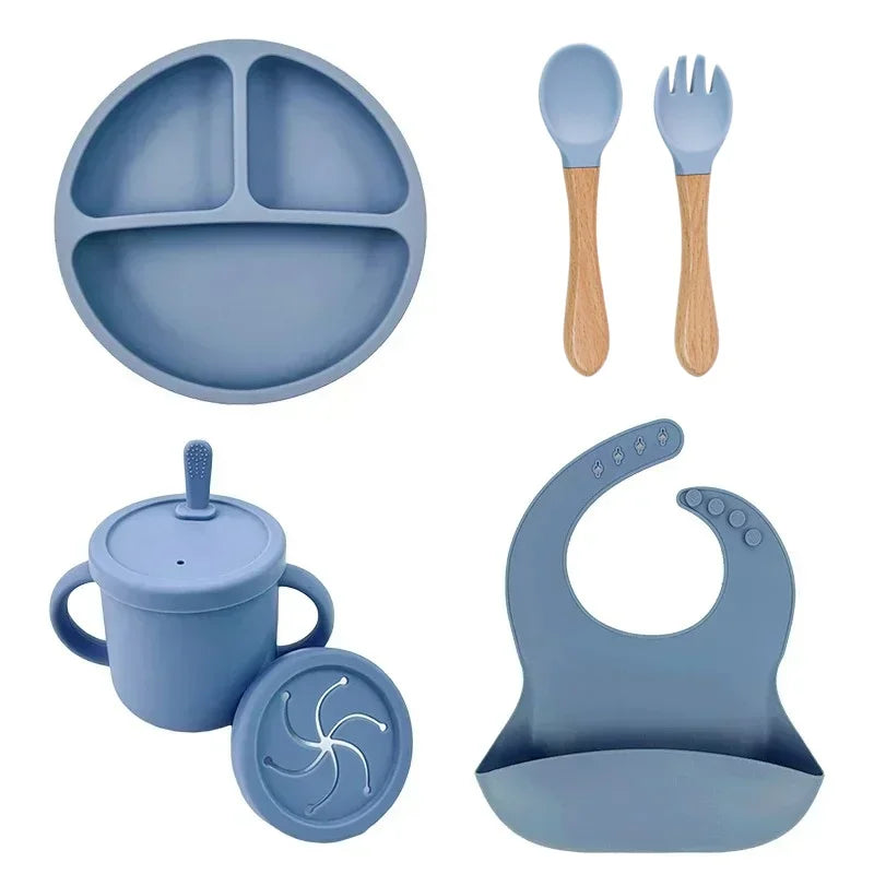 Baby Feeding Set Silicone Suction Plate Bowl Cup Wooden Spoon | BPA Free