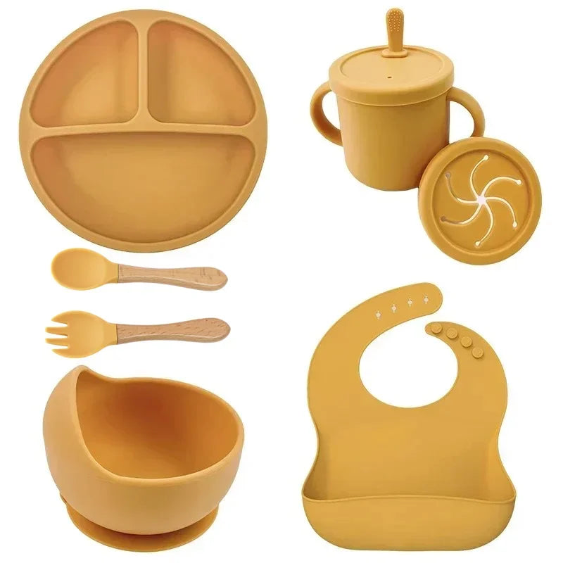 Baby Feeding Set Silicone Suction Plate Bowl Cup Wooden Spoon | BPA Free