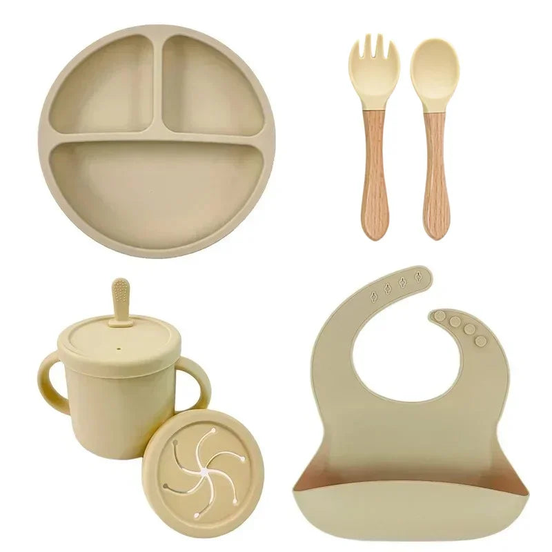 Baby Feeding Set Silicone Suction Plate Bowl Cup Wooden Spoon | BPA Free