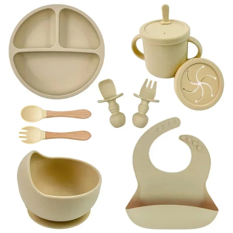 Baby Feeding Set Silicone Suction Plate Bowl Cup Wooden Spoon | BPA Free