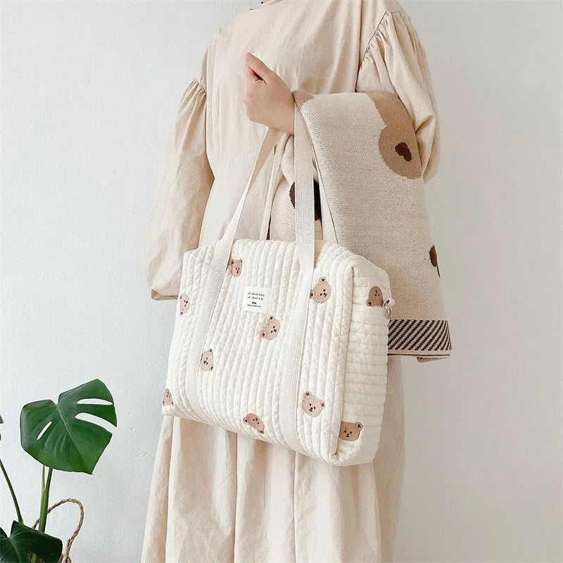 Large Cotton Diaper Bag for Mom | Lightweight Travel Baby Bag with Pockets
