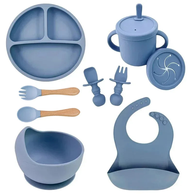 Baby Feeding Set Silicone Suction Plate Bowl Cup Wooden Spoon | BPA Free