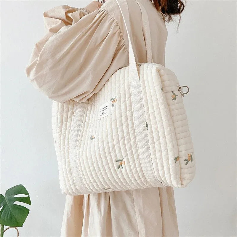 Large Cotton Diaper Bag for Mom | Lightweight Travel Baby Bag with Pockets