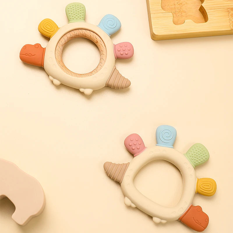 Baby Silicone Wooden Teether | BPA-Free Teething Toy for Infants 0–12M