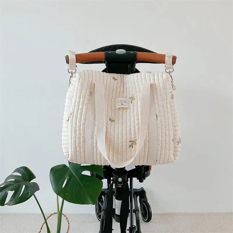 Large Cotton Diaper Bag for Mom | Lightweight Travel Baby Bag with Pockets