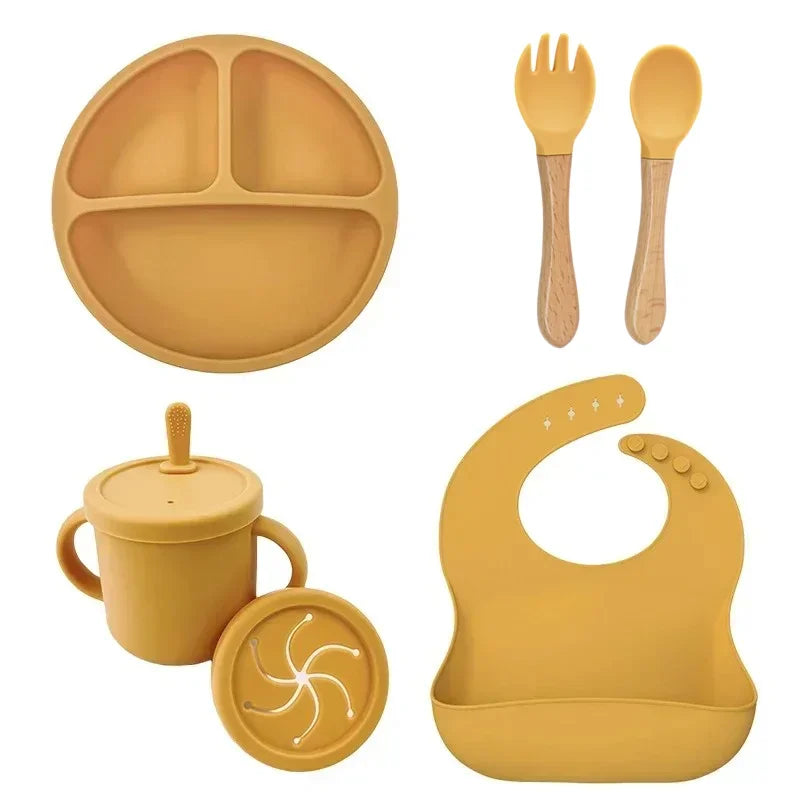 Baby Feeding Set Silicone Suction Plate Bowl Cup Wooden Spoon | BPA Free