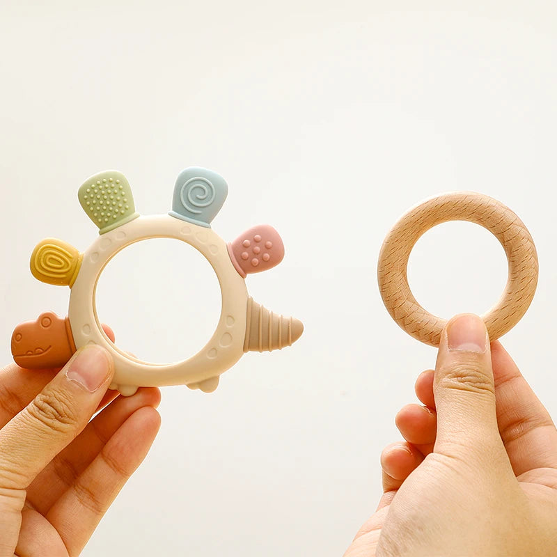 Baby Silicone Wooden Teether | BPA-Free Teething Toy for Infants 0–12M