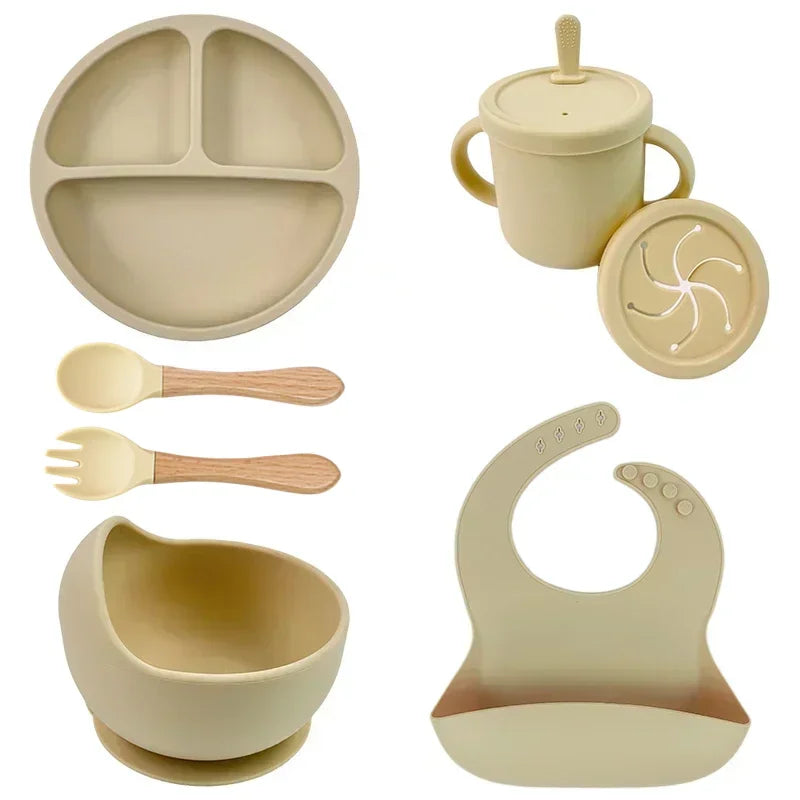 Baby Feeding Set Silicone Suction Plate Bowl Cup Wooden Spoon | BPA Free