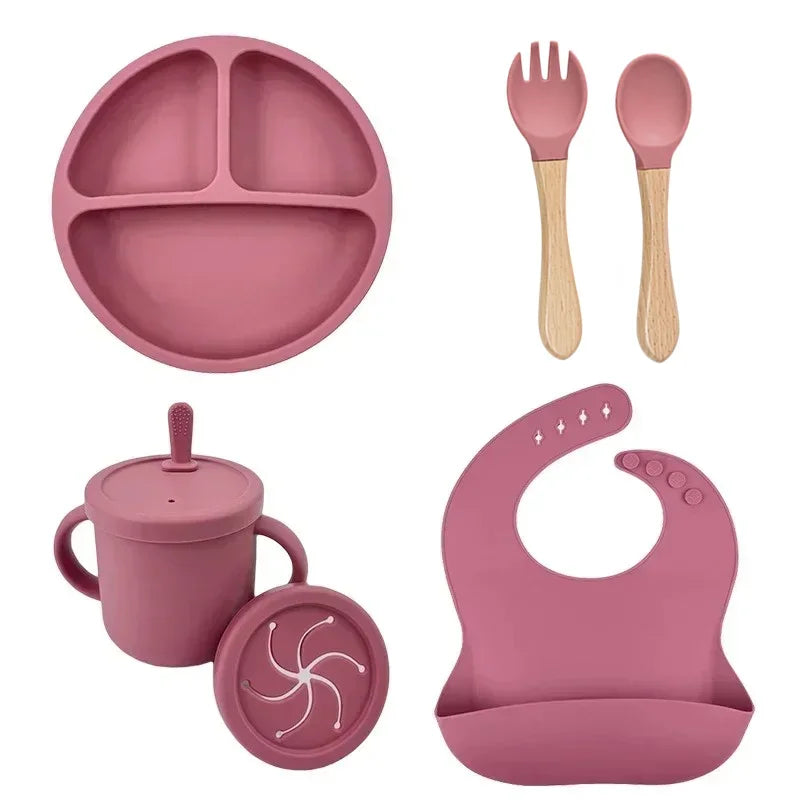 Baby Feeding Set Silicone Suction Plate Bowl Cup Wooden Spoon | BPA Free