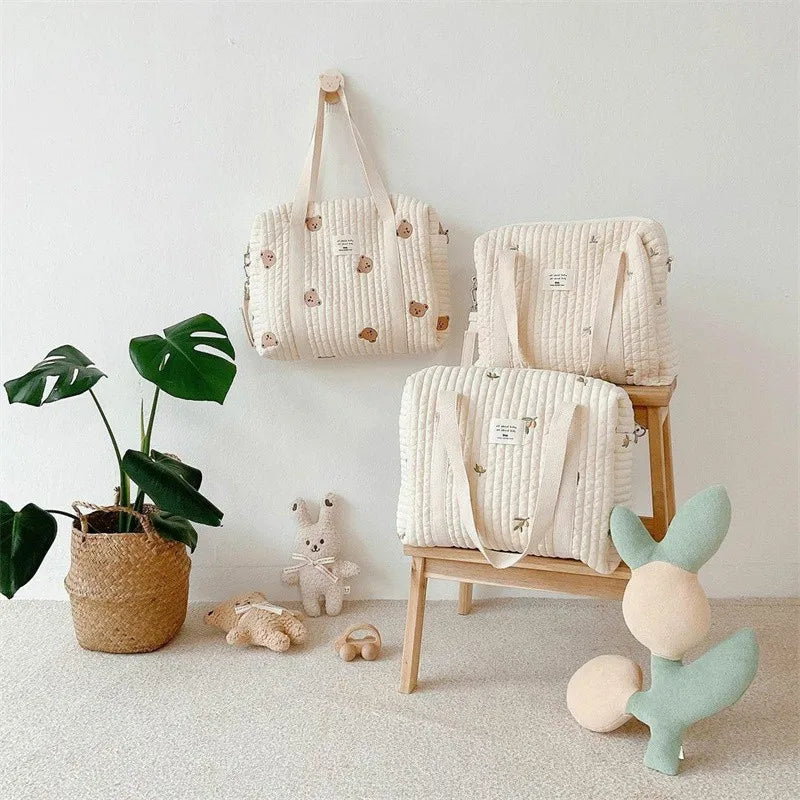 Large Cotton Diaper Bag for Mom | Lightweight Travel Baby Bag with Pockets